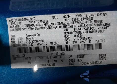 2014 Ford Focus Se from USA, damaged, VIN 1FADP3K20EL257457